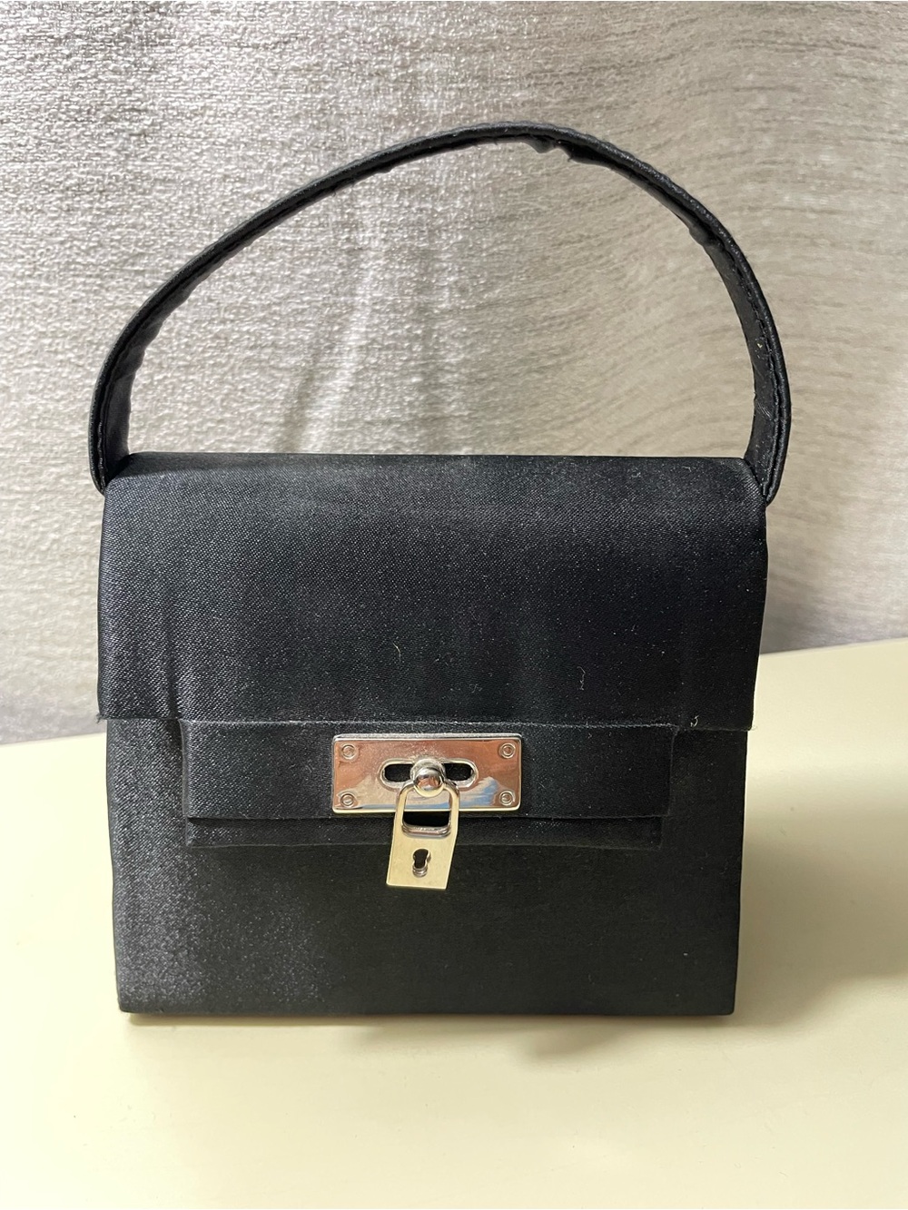 Black Satin Mini Top-Handle Evening Bag with Shoulder Strap Option.